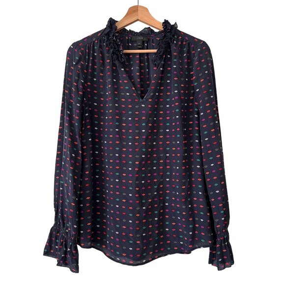 J.Crew Ruffle-Neck Silk Top in Lips Print size 8 Tall Navy Blue 100% Silk - Picture 5 of 12